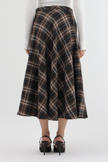 Kahverengi-Siyah Aura Yüksek Bel A-Kesim Ekose Midi Etek