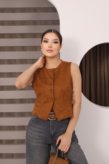 Kahverengi Süet Bel Oturtmalı Önü Düğmeli Kolsuz Ceket