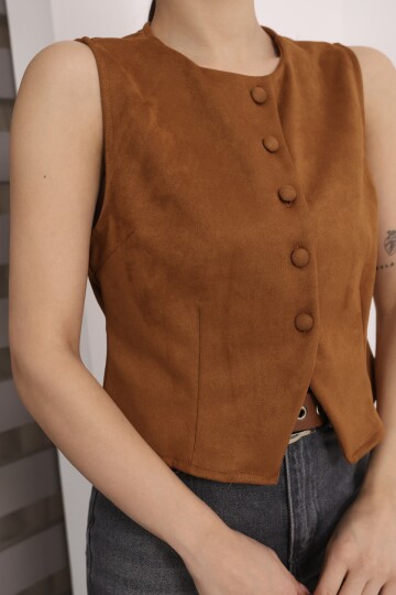 Kahverengi Süet Bel Oturtmalı Önü Düğmeli Kolsuz Ceket