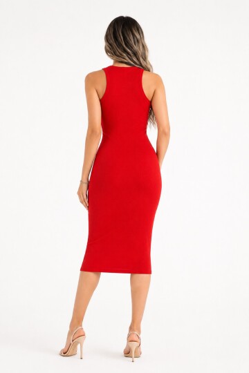 Kırmızı Fitilli Bodycon Midi Kalem Elbise | Halter Yaka Vücuda Oturan Esnek Kesim | %98 Pamuk Kaşkorse Örme Kumaş
