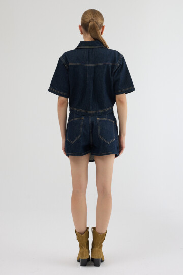 Koyu Lacivert Gömlek Yaka Cep Detaylı Üst ve Asimetrik Düğmeli Kot Şort Etek Urban Stil İkili Takım