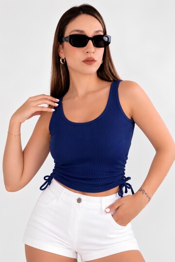 Lacivert Büzgü Drape Detaylı Crop Atlet | Havuz Yaka Fitted Kalıp | Asimetrik Kesim Fitilli Kaşkorse Esnek Örme Kumaş | %96 Pamuk %4 Elastan