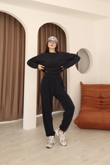 Lacivert Havlu Kumaş Paça Bel ve Manşet Lastik Detaylı Uzun Kollu Crop Eşofman Takımı