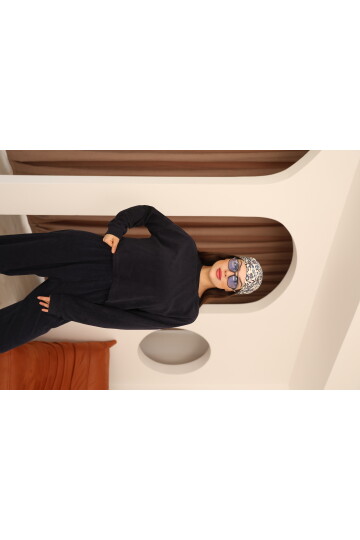 Lacivert Havlu Kumaş Paça Bel ve Manşet Lastik Detaylı Uzun Kollu Crop Eşofman Takımı