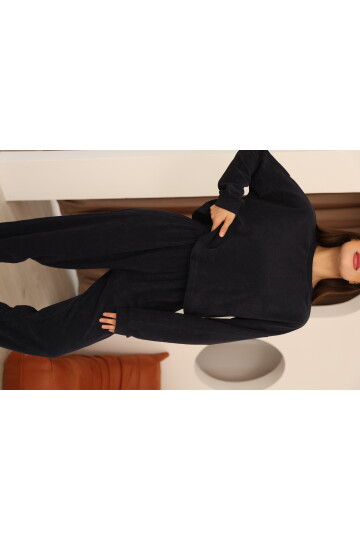 Lacivert Havlu Kumaş Paça Bel ve Manşet Lastik Detaylı Uzun Kollu Crop Eşofman Takımı