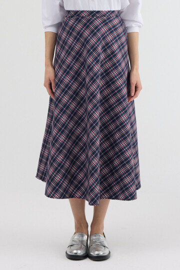 Lacivert-Kırmızı Aura Yüksek Bel A-Kesim Ekose Midi Etek