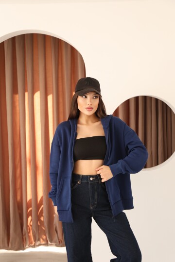 Lacivert Oversize İçi Polar ve Fermuar Detaylı Kapüşonlu Kadın Sweatshirt