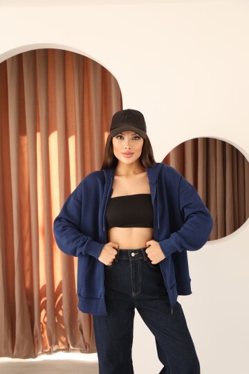 Lacivert Oversize İçi Polar ve Fermuar Detaylı Kapüşonlu Kadın Sweatshirt