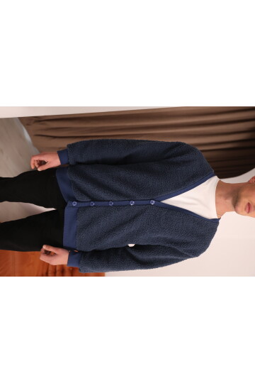 Lacivert V Yaka Düğmeli Peluş Hırka