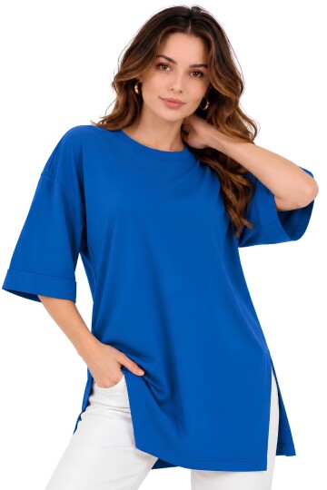 Moviment Kadın Standart Beden Duble Kol Yandan Yırtmaçlı Mavi T-shirt