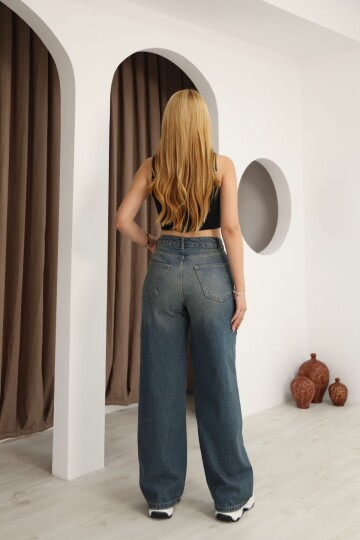 Mavi Yüksek Bel Taş Yıkamalı Tint Efektli Palazzo Kot Pantolon