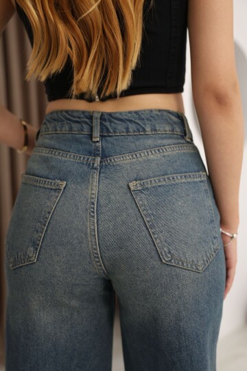 Mavi Yüksek Bel Taş Yıkamalı Tint Efektli Palazzo Kot Pantolon