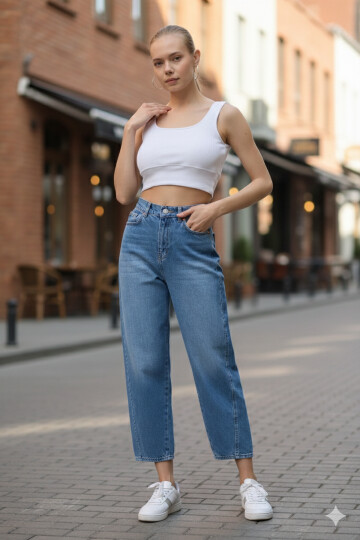 Mavi Yüksek Bel Yıkama Detaylı Rahat Kesim Mom Jean Kot Pantolon