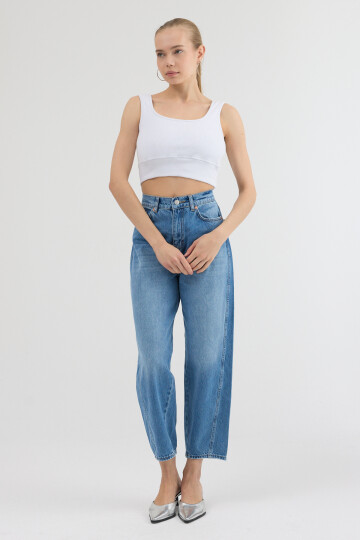 Mavi Yüksek Bel Yıkama Detaylı Rahat Kesim Mom Jean Kot Pantolon