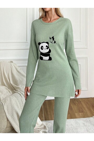 Mint Panda Nakışlı Bisiklet Yaka Boru Paça Fitilli Kaşkorse İkili Takım