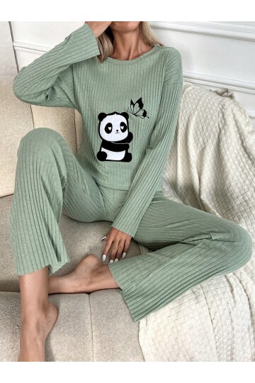Mint Panda Nakışlı Bisiklet Yaka Boru Paça Fitilli Kaşkorse İkili Takım
