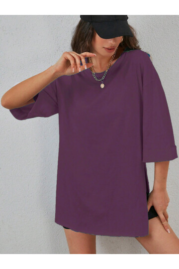 Mor Duble Kol Geniş Kesim Asimetrik Yırtmaçlı Örme T-Shirt