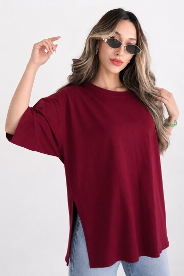 Moviment Kadın Standart Beden Duble Kol Yandan Yırtmaçlı Bordo T-shirt