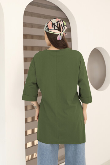 Moviment Kadın Standart Beden Duble Kol Yandan Yırtmaçlı Haki T-shirt