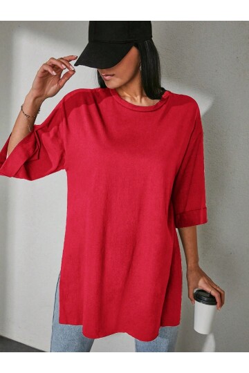 Moviment Kadın Standart Beden Duble Kol Yandan Yırtmaçlı Kırmızı T-shirt