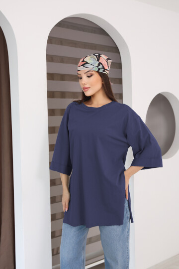 Moviment Kadın Standart Beden Duble Kol Yandan Yırtmaçlı Lacivert T-shirt