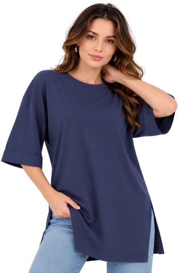 Moviment Kadın Standart Beden Duble Kol Yandan Yırtmaçlı Lacivert T-shirt