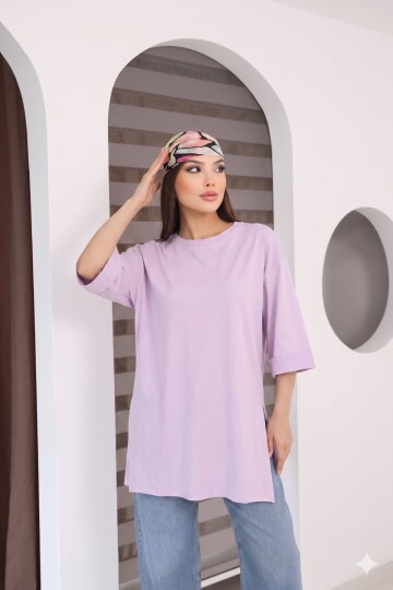 Moviment Kadın Standart Beden Duble Kol Yandan Yırtmaçlı Lila T-shirt