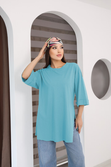 Moviment Kadın Standart Beden Duble Kol Yandan Yırtmaçlı Mavi T-shirt