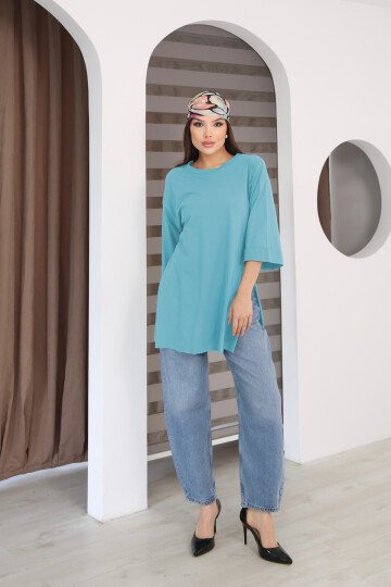 Moviment Kadın Standart Beden Duble Kol Yandan Yırtmaçlı Mavi T-shirt