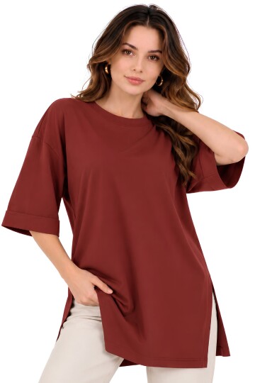 Moviment Kadın Standart Beden Duble Kol Yandan Yırtmaçlı Kiremit Rengi T-shirt