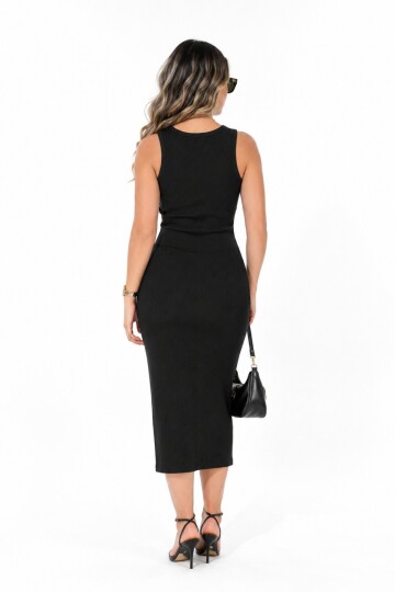 Siyah Fitilli Bodycon Midi Kalem Elbise | Halter Yaka Vücuda Oturan Esnek Kesim | %98 Pamuk Kaşkorse Örme Kumaş
