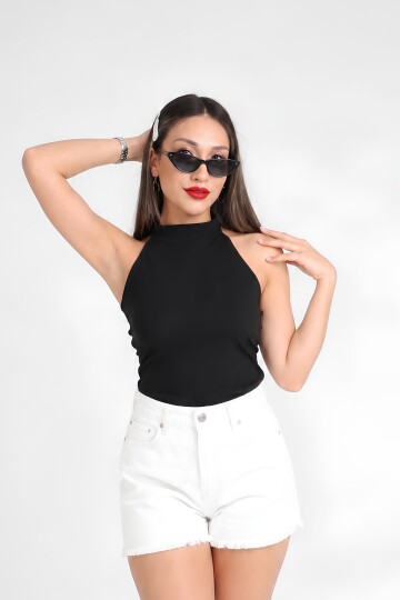 Siyah Fitted Vücuda Oturan Boyundan Bağlamalı Bluz | Büzgü Drape Detaylı Paper Touch Örme Kumaş | Kolsuz Esnek Regular Boy