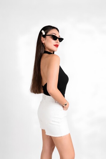 Siyah Fitted Vücuda Oturan Boyundan Bağlamalı Bluz | Büzgü Drape Detaylı Paper Touch Örme Kumaş | Kolsuz Esnek Regular Boy