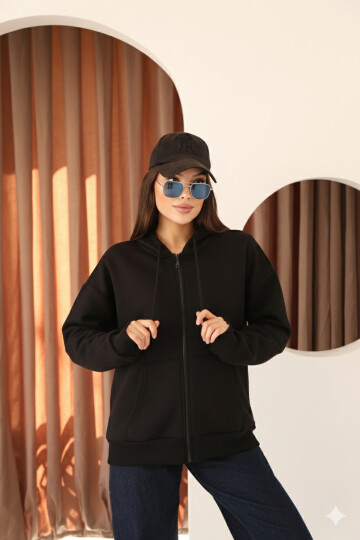 Siyah Oversize İçi Polar ve Fermuar Detaylı Kapüşonlu Kadın Sweatshirt