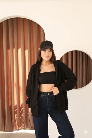 Siyah Oversize İçi Polar ve Fermuar Detaylı Kapüşonlu Kadın Sweatshirt