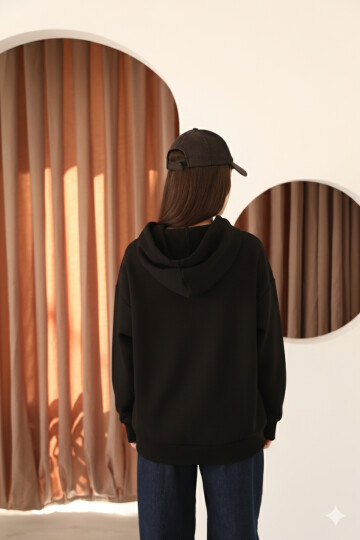 Siyah Oversize İçi Polar ve Fermuar Detaylı Kapüşonlu Kadın Sweatshirt