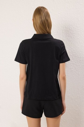 Siyah Polo Yaka Taş Detaylı Regular Kalıp Örme T-Shirt