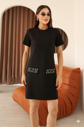 Siyah Süet Bisiklet Yaka Cepleri Taş İşlemeli Diz Üstü Kadın Elbise