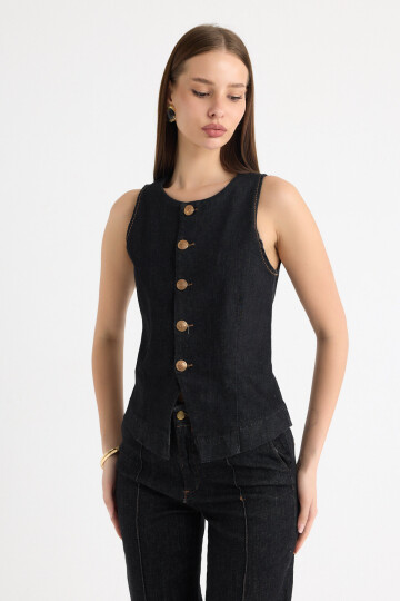 Siyah Yıkamalı Ön ve Paça Dikiş Detaylı Likralı Pantolon ve Kolsuz Düğme Detaylı Blazer Ceket Takım