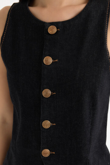 Siyah Yıkamalı Ön ve Paça Dikiş Detaylı Likralı Pantolon ve Kolsuz Düğme Detaylı Blazer Ceket Takım