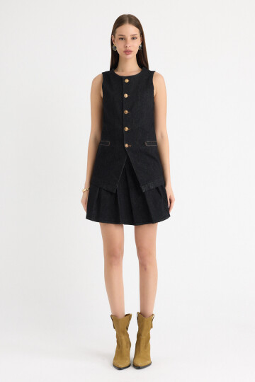 Siyah Yıkamalı Pile Detaylı Mini Etek ve Kolsuz  Düğme Detaylı Blazer Yelek/Ceket İkiliTakım