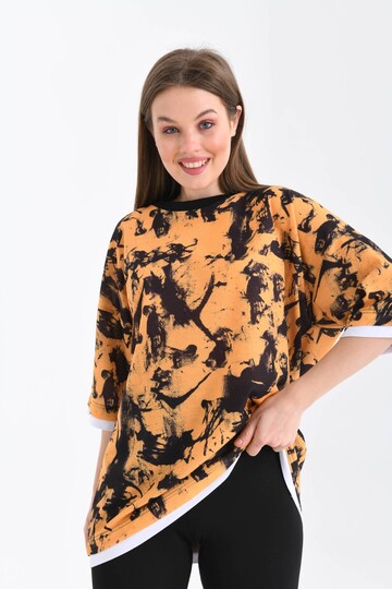 Unisex Açık Turuncu Geniş Kalıp Batik Desen Baskılı T-shirt