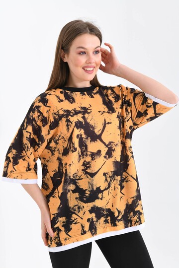 Unisex Açık Turuncu Geniş Kalıp Batik Desen Baskılı T-shirt