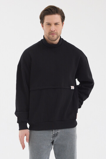 Urban Fit Siyah Dik Yaka Oversize Etiket Detaylı Şardonlu Sweatshirt