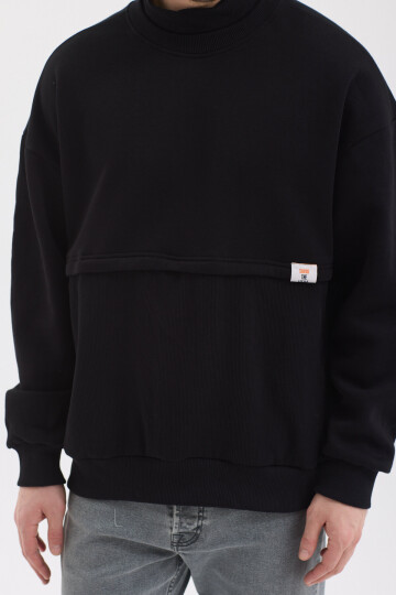 Urban Fit Siyah Dik Yaka Oversize Etiket Detaylı Şardonlu Sweatshirt