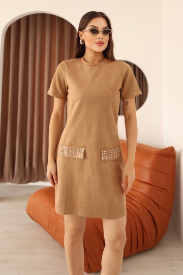 Vizon Süet Bisiklet Yaka Cepleri Taş İşlemeli Diz Üstü Kadın Elbise