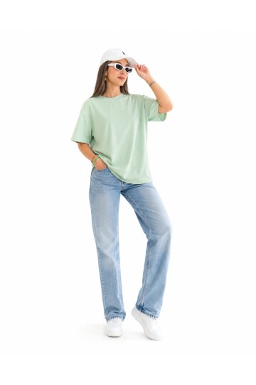 Yeşil Kadın Oversize Bisiklet Yaka Kısa Kollu T-shirt