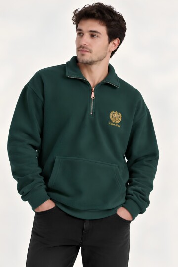 Yeşil Oversize Geniş Kesim Dik Yaka Anti-Pilling Polar Sweatshirt | Fermuarlı Uzun Kol | Su İtici Polyester Örme Kumaş | Erkek Rahat Kalıp