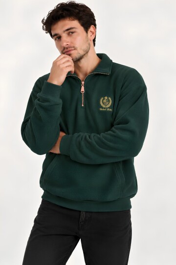 Yeşil Oversize Geniş Kesim Dik Yaka Anti-Pilling Polar Sweatshirt | Fermuarlı Uzun Kol | Su İtici Polyester Örme Kumaş | Erkek Rahat Kalıp